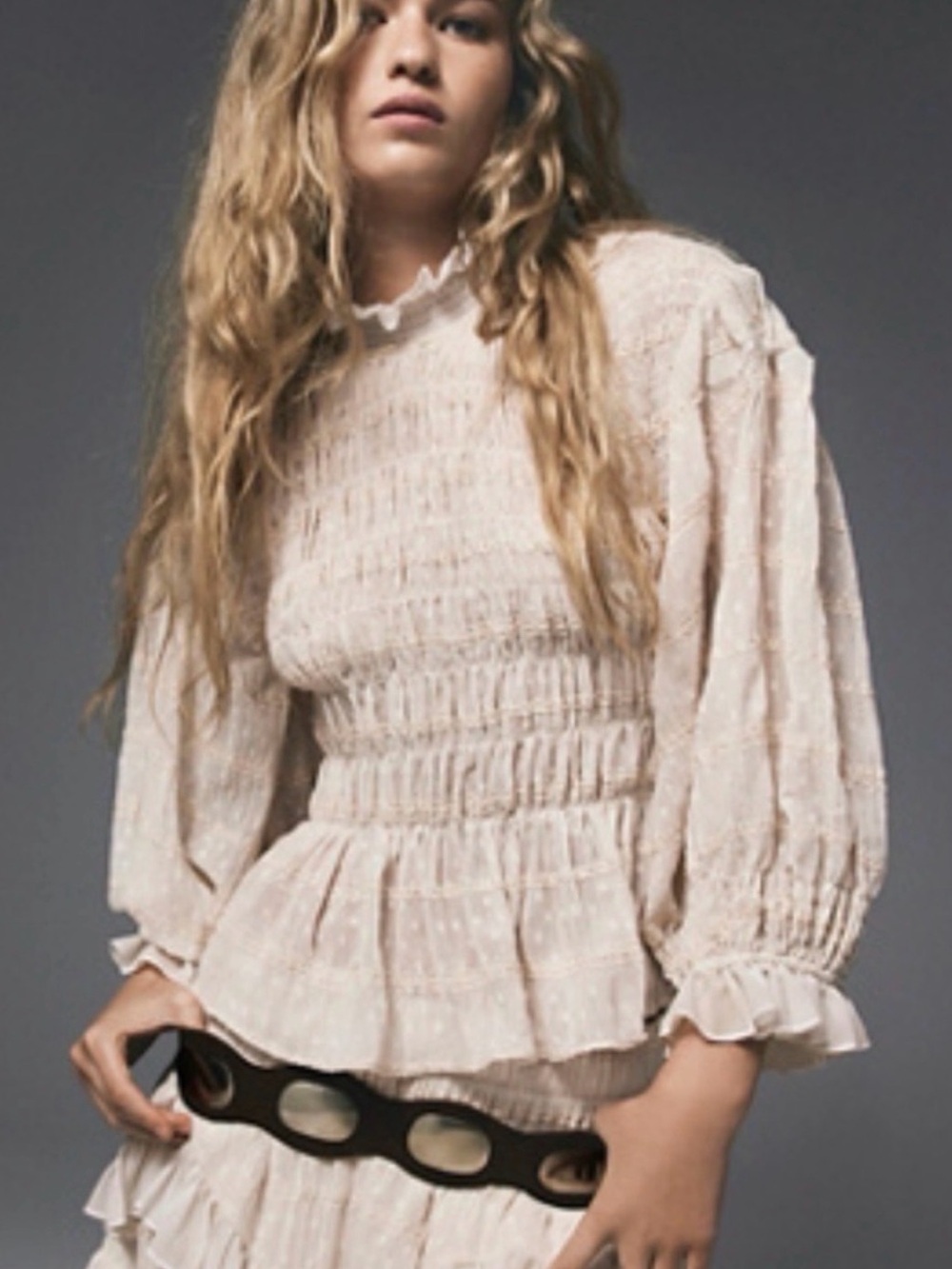 Free People Anders Smocked Swiss Dot Peplum Blouse Cream Size M NWT
